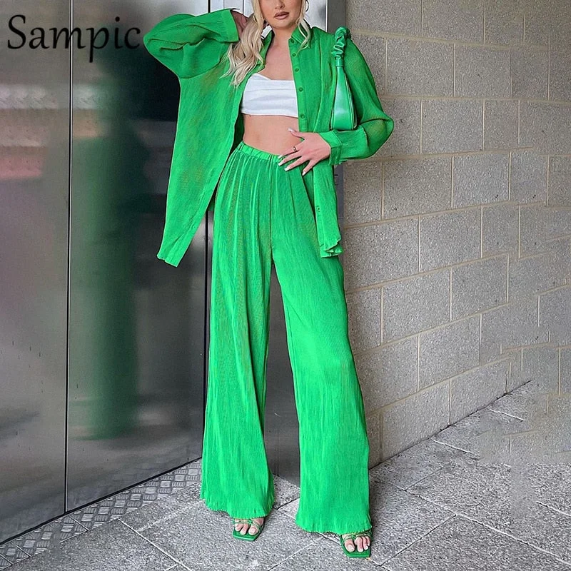 Sampic Lounge Wear 2021 Fashion Pleated Tracksuit Pants Set Women Loose Shirt Tops And Casual High Waisted Two Piece Pants Set