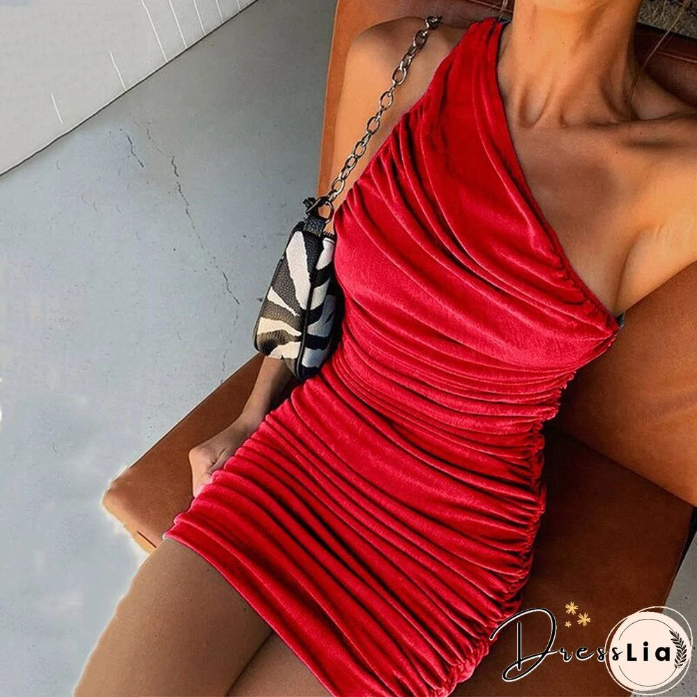 Sexy One Shoulder Mini Dress Summer Elegant Sleeveless Short Party Dress Women Ruched Bodycon Dress Blue Orange Red