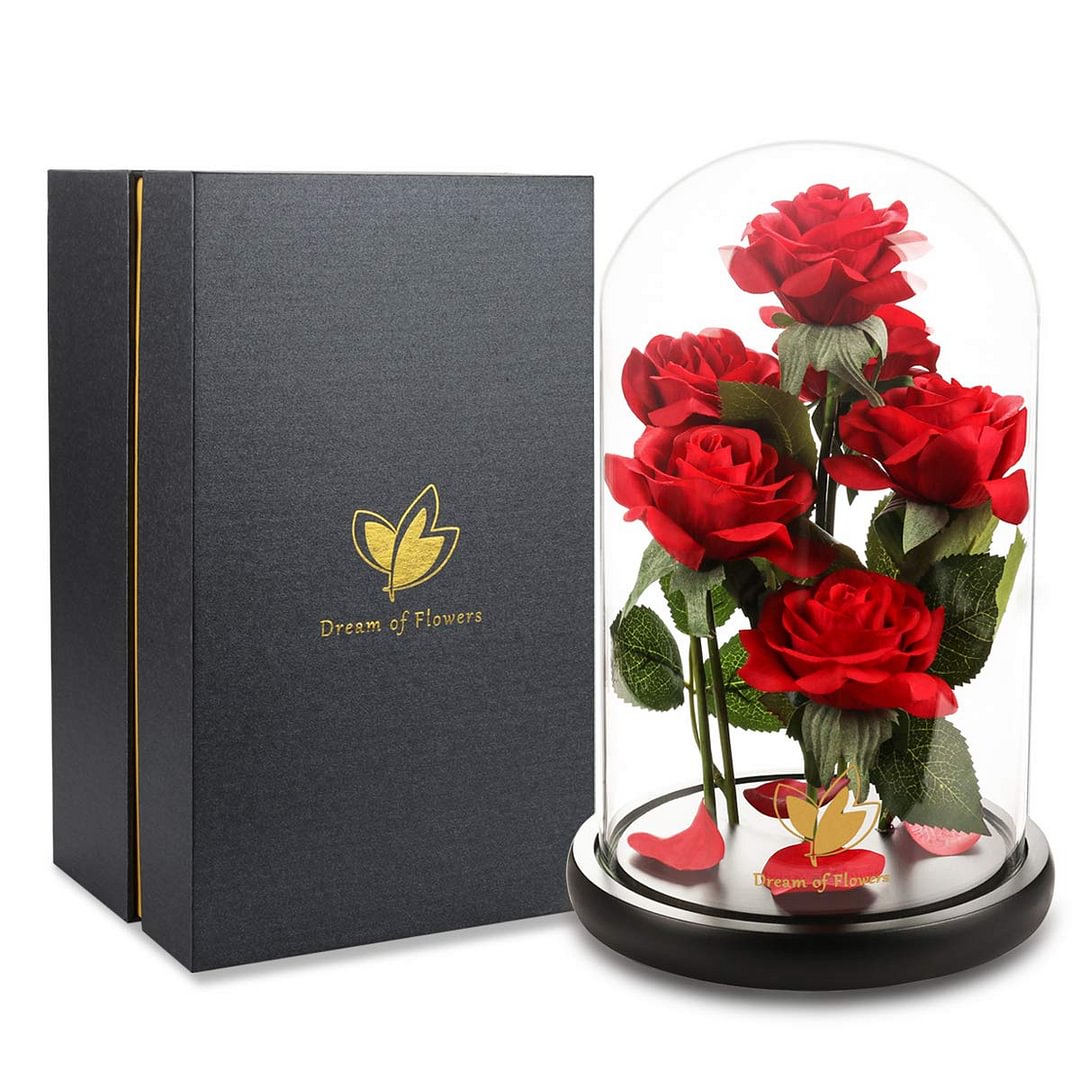 Romantic Rose for Women, The Newly Designed Gift Box Rose in a Glass Dome with LED Light Wooden Base for Wedding
