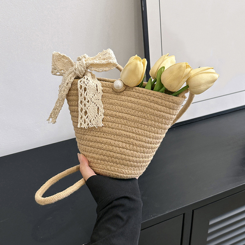 Statusupgame Women's Cotton Woven Bag Summer Trendy Portable Beach Bucket Crossbody Bag Knitted Shoulder Bag for Travel Women's handbags