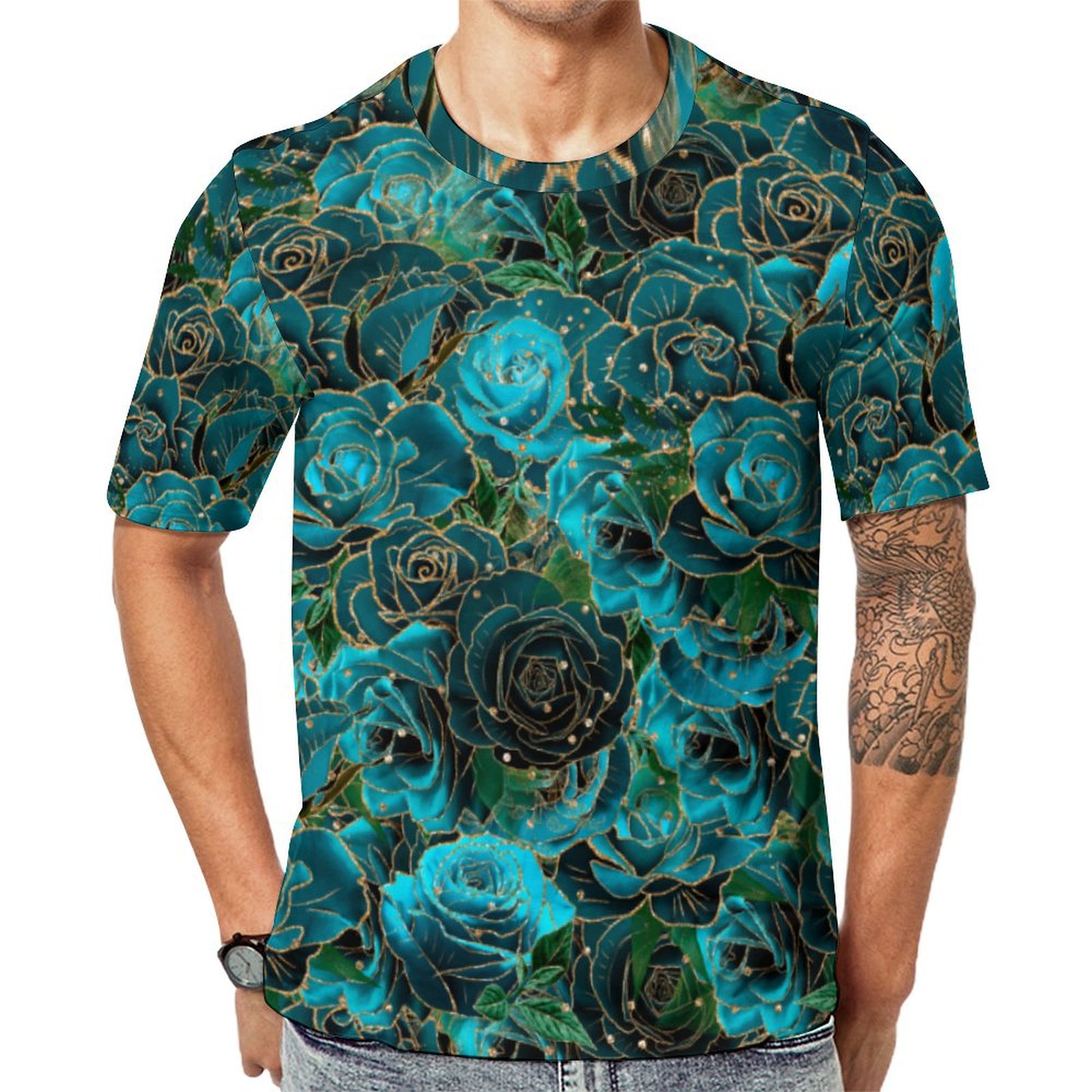 Gold Glitter Teal Rose Glam Flower Short Sleeve Print Unisex Tshirt Summer Casual Tees for Men and Women Coolcoshirts