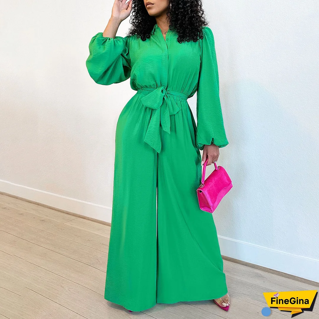 Women's Fashion Long Sleeve Solid Color High Waist Plus Size Loose Casual Jumpsuit