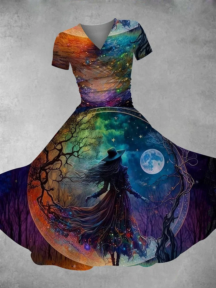 Women's Vintage Halloween Witch Print Maxi Dress