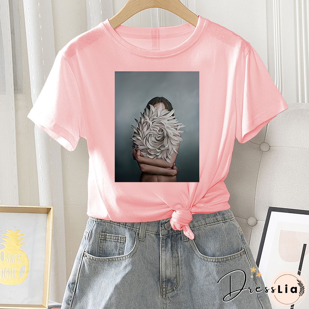 Summer Casual Women T-shirt 100% Cotton Short Sleeve Flower Photo Print Female Graphic Vintage T Shirt Ladies Round Neck Tee Top