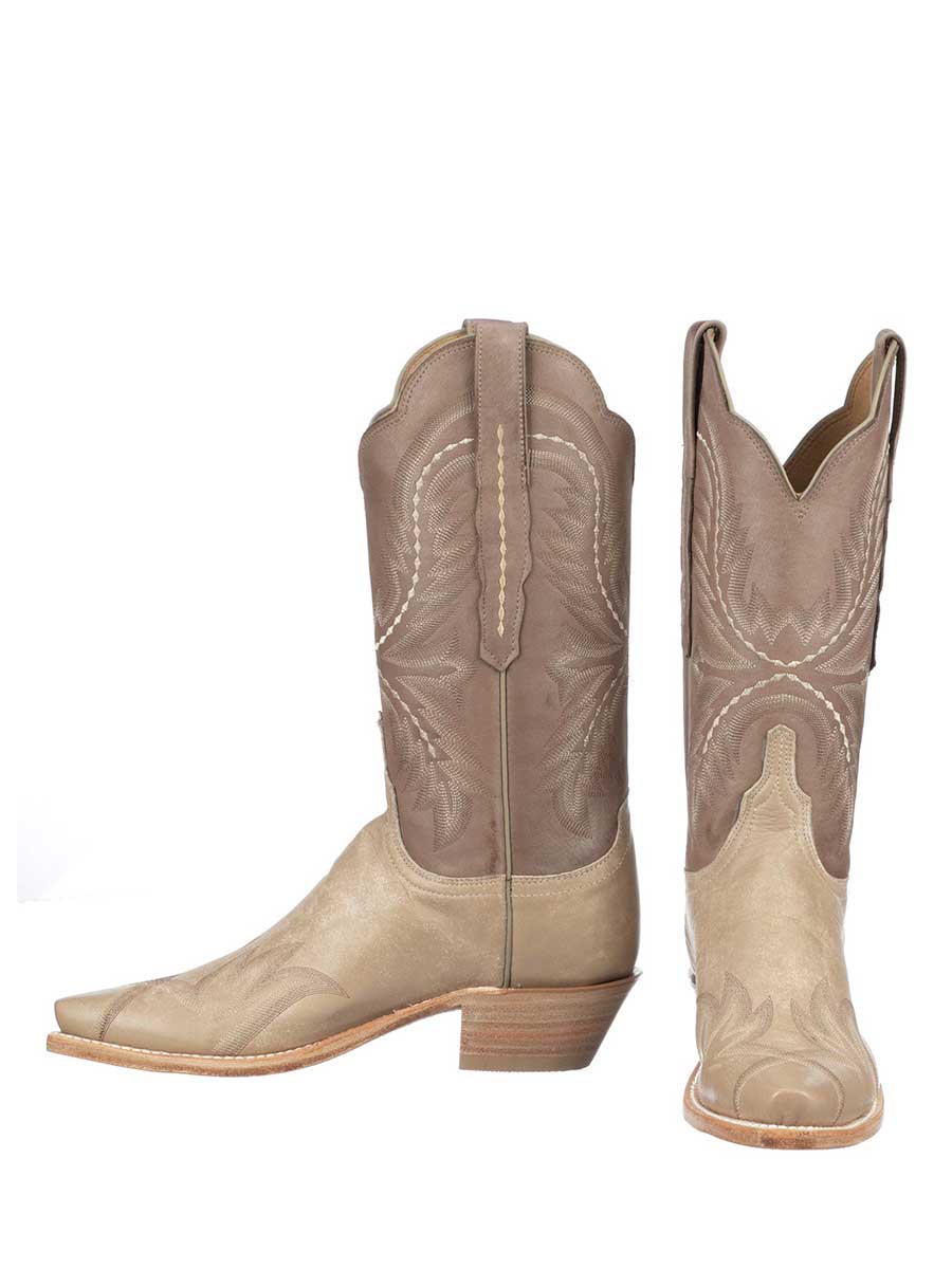 Women's Beige Vegan Leather Snip Toe Embroidered Mid-calf Cowgirl Boots 