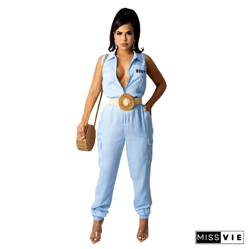 Turn-down Collar Sleeveless Zipper Casual Jumpsuit