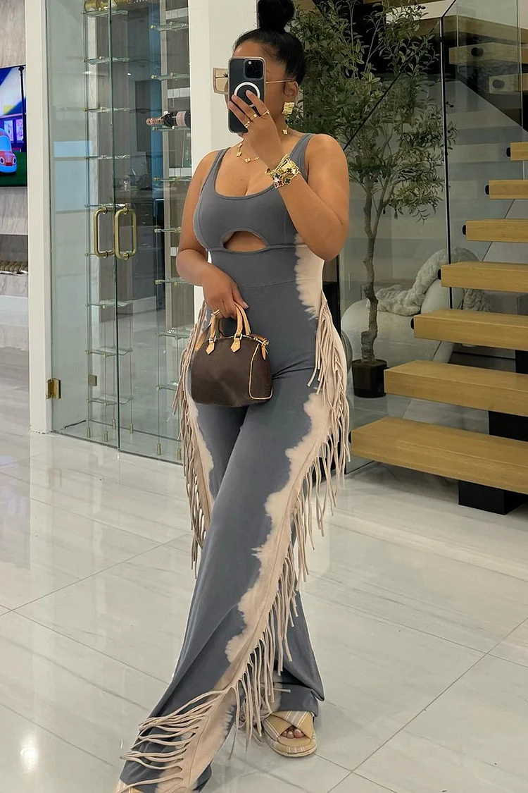 U Neck Cutout Wide Leg Side Fringed Sleeveless Jumpsuit-Grey [Pre Order]