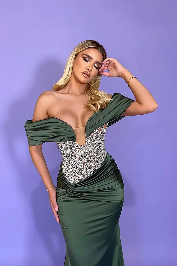 Daisda Sleeveless Strapless Off-Shoulders Beads Pleated Mermaid Prom Dress