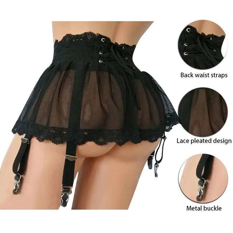 Micro Mini See Through Lingerie Sexy Nightclub Women Transparent Hollow Garter Belt Lace Porn Baby Doll Allure Ultrashort Skirts