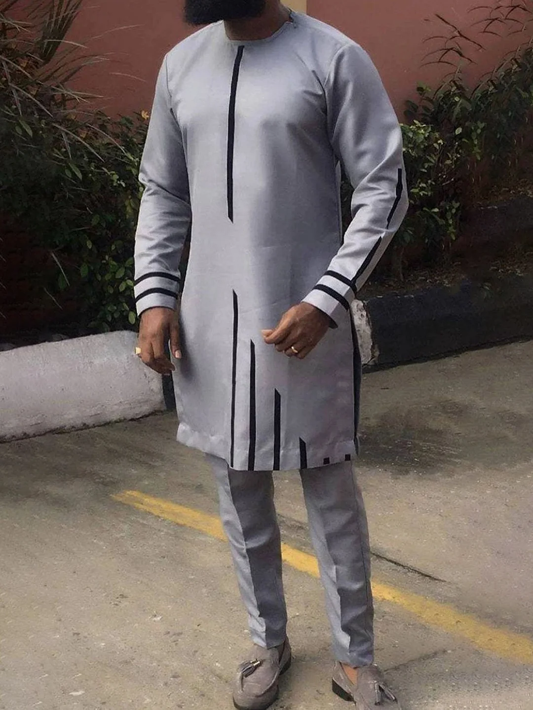 Men's fashion casual grey printed long sleeve two-piece set