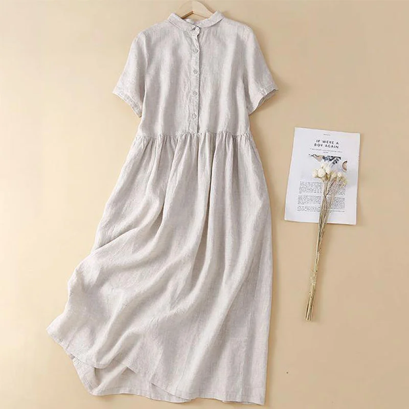 Cotton and linen casual shirt dress