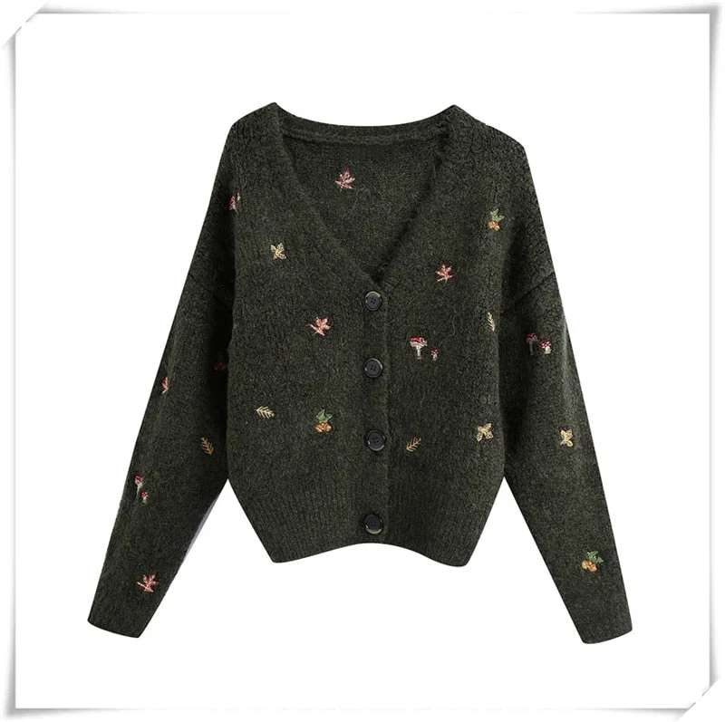 Snican fashion mushroom embroidery cardigan za women 2020 winter long sleeve v neck knitted sweater femme jersey negro mujer new