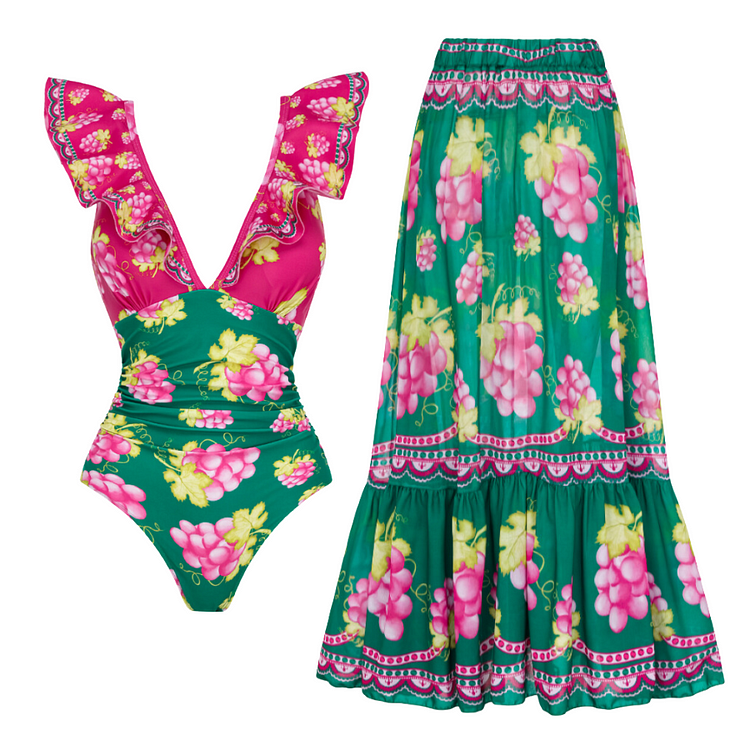 Ruffled Deep V Retro Green Grapes Print One Piece Swimsuit and Skirt