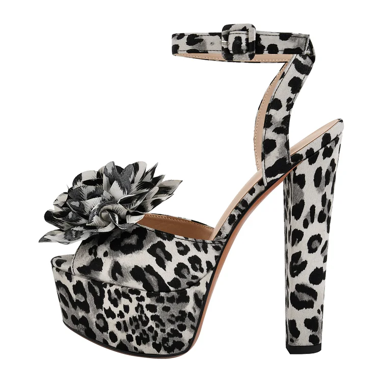 Leopard Flower Platform Ankle Strap High Heel Sandals
