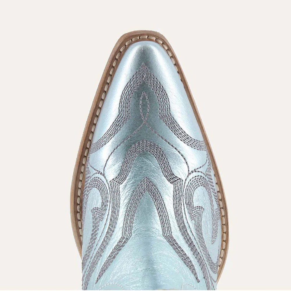 Light Blue Snip Toe Embroidered Chunky Heel Short Cowgirl Boots