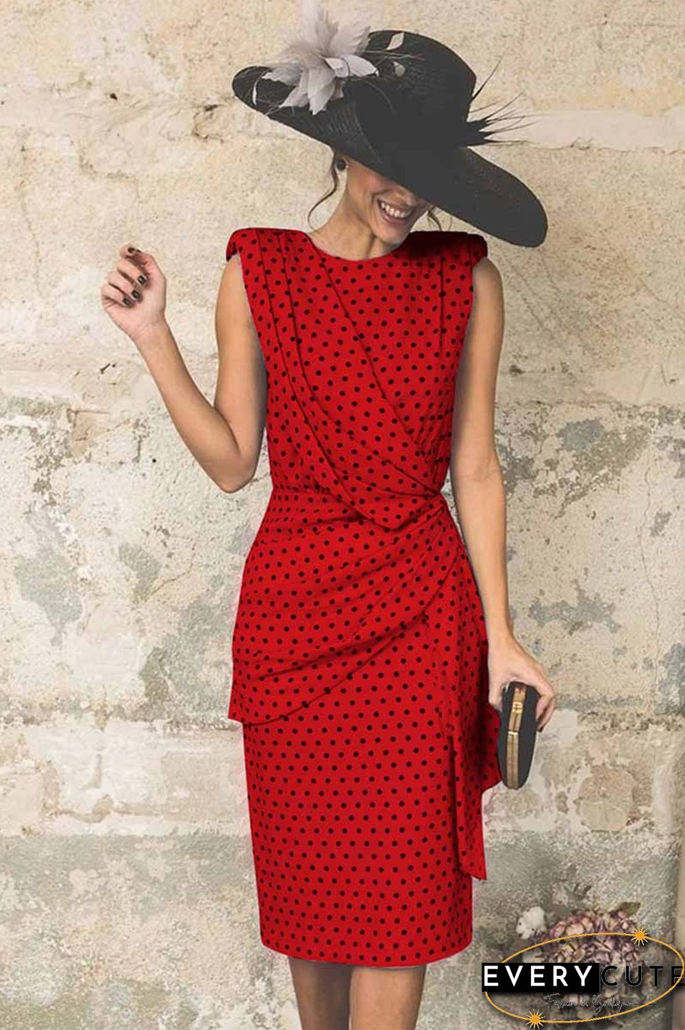 Sexy Polka Dot Pack Hip Sleeveless Midi Dress(4 Colors)