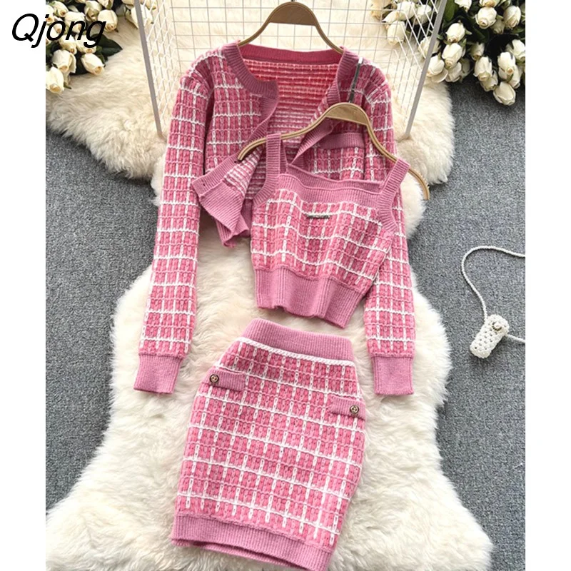 Qjong Three Piece Set Women Sweater Cardigan + Camisole + Skirt Sets Fashion Knit 3pcs Suits Ensemble Femme Conjuntos Feminino
