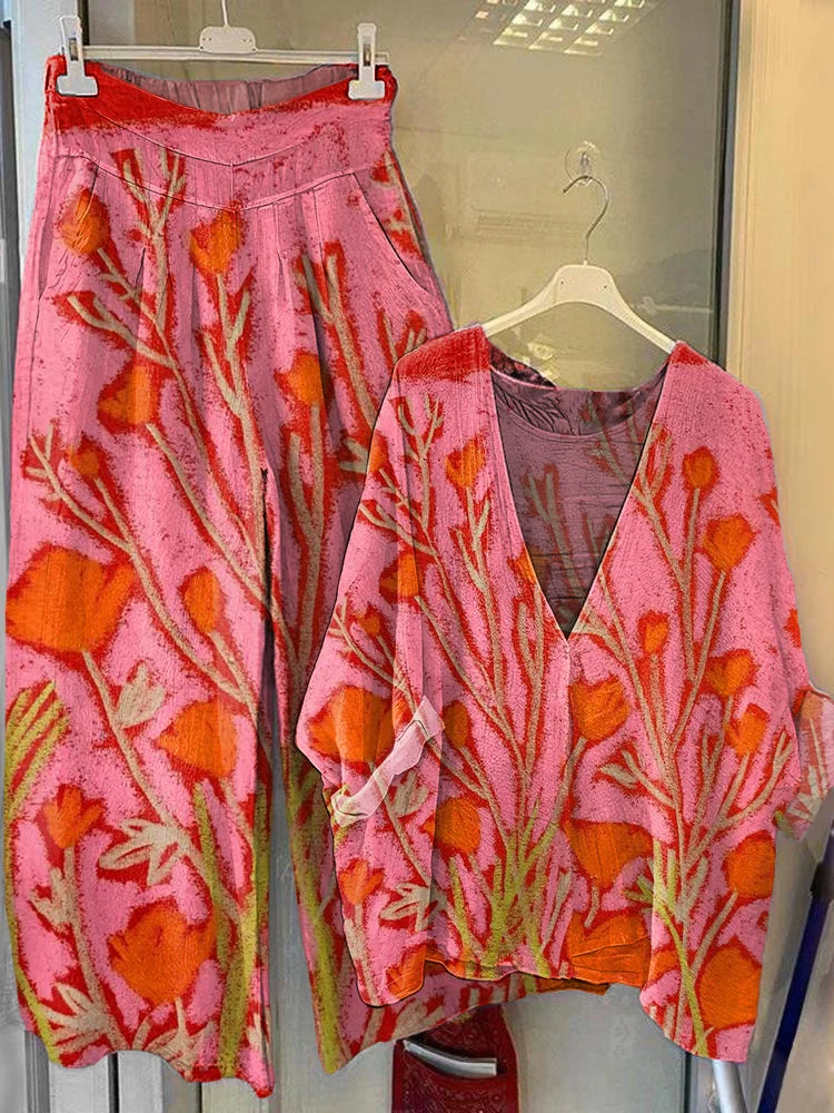 Women's Vintage Floral Art Printed V-Neck Top Wide-Leg Pants Cotton Linen Suit