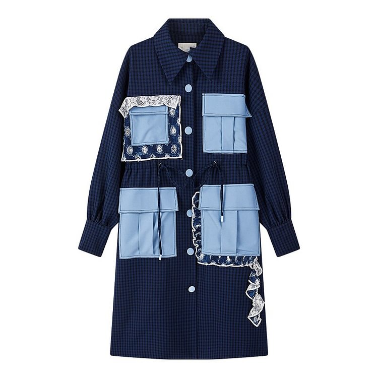 Temperament Plaid Lapel Splicing Leather Pockets Drawstring Waist Long Sleeve Trench Coat   