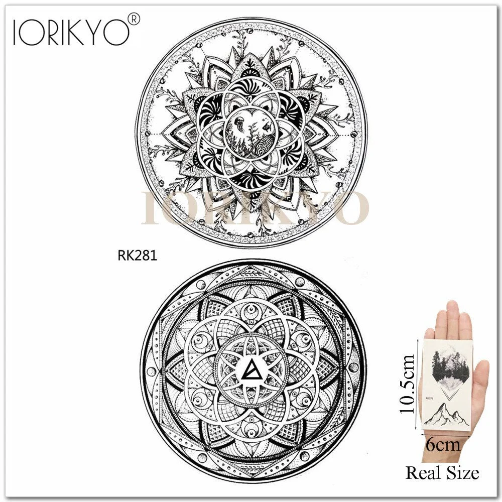 Mandala Henna Flower Fake Tattoo Arm Body Stickers Women Arm Temporary Tattoo Girls Ankle Lace Fake Tatoo Round Black Moon