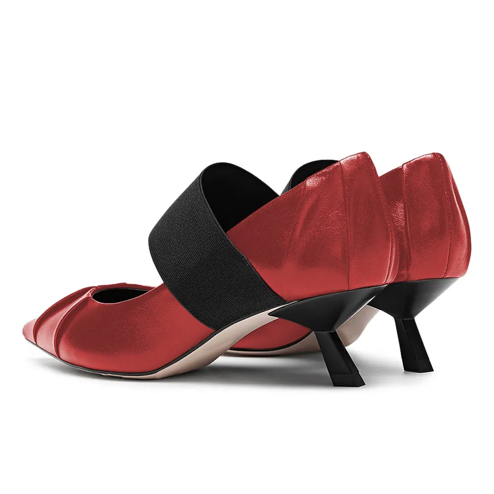 Red Kitten Heel Pleated Pointed Toe Simple Mary Jane Pumps