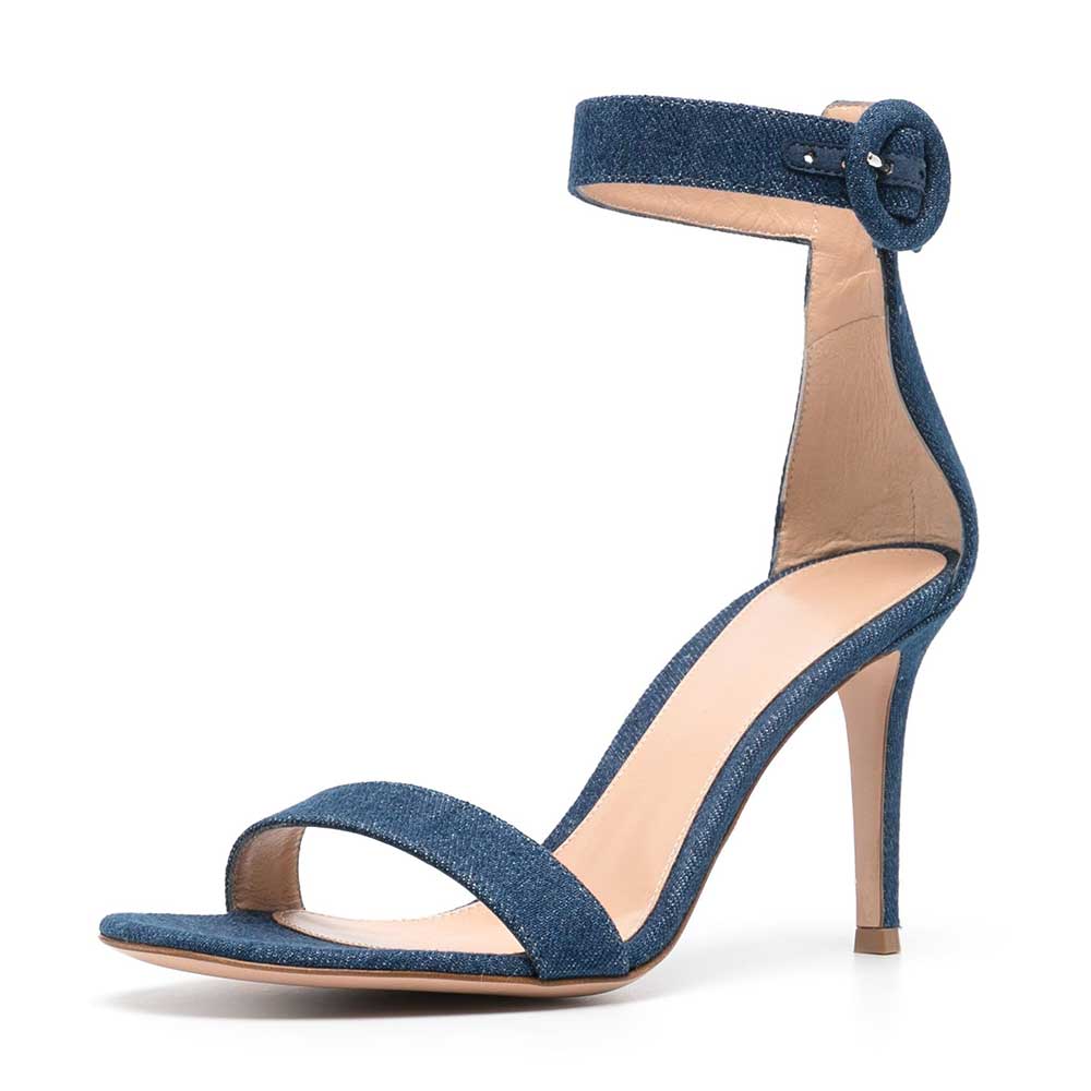 Blue Open Toe Stiletto Heel Denim Sandals with Buckle Ankle Strap Nicepairs