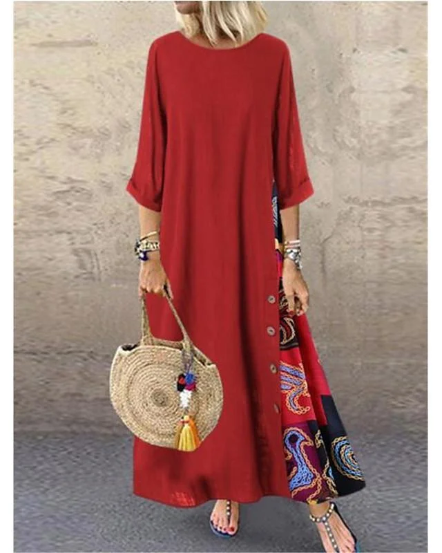 Women's Swing Dress Maxi Long Dress - 3/4 Length Sleeve Print Spring & Summer Hot Casual Holiday Vacation Dresses Loose Red Yellow Wine Army Green Navy Blue Gray L