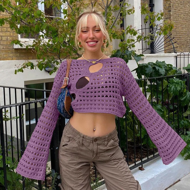 Brownm Neck Summer Girl Fashion Sexy Irregular Ripped Hollow-out Knitted Blouse