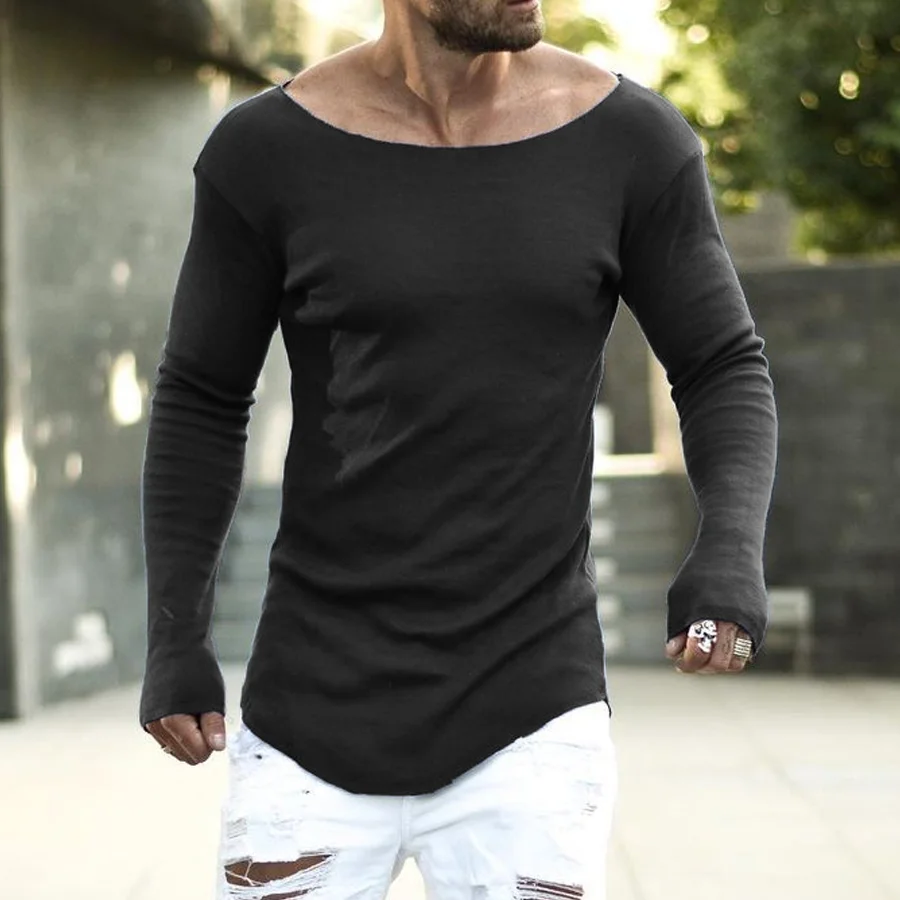 Low Round Neck Plain Long Sleeve T-shirt、、URBENIE