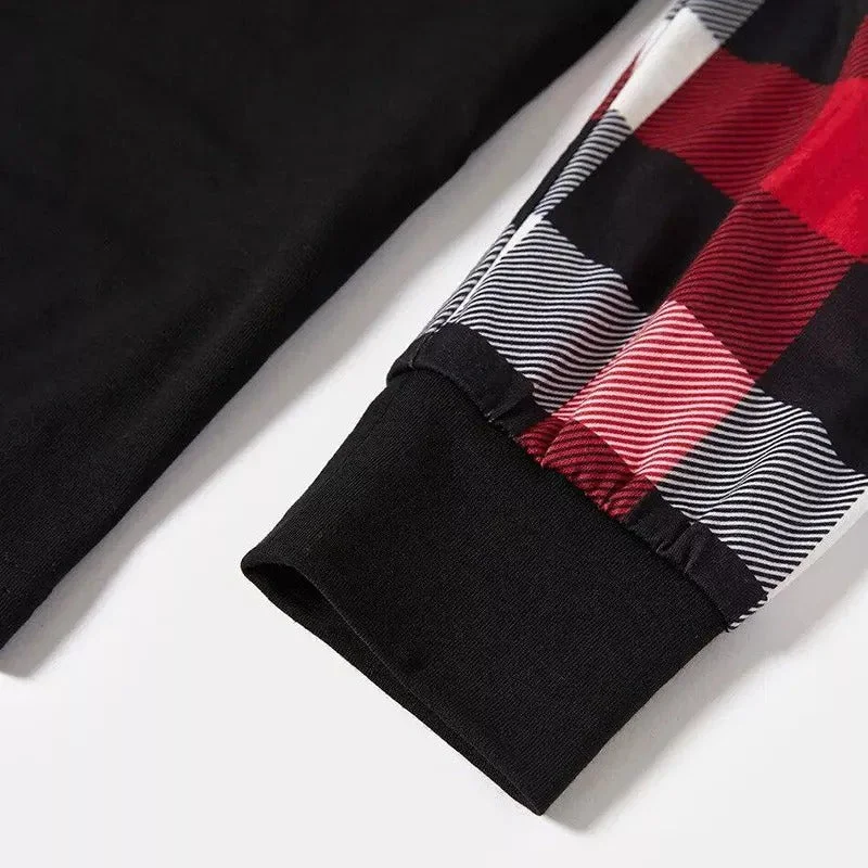 Family Christmas Shirts Christmas Tree Animal Kingdom Animal Kingdom Patterned and 'ROCKIN AROUND THE CHRISTMAS TREE' Letter Print Contrast Tops and Red & Black & White Plaid Pants Family Matching Pajamas Set With Dog Bandana