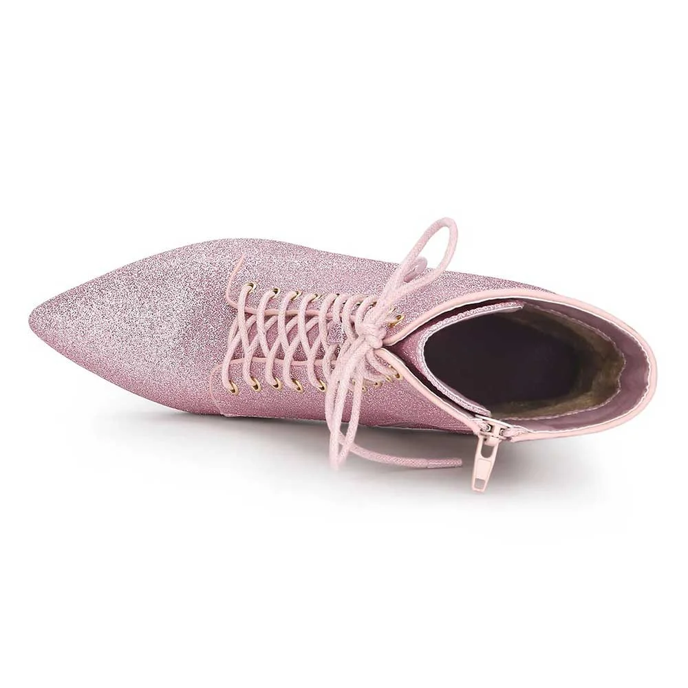 Pink Pointed Toe Side Zipper Lace Up Booties for Women with Glitter