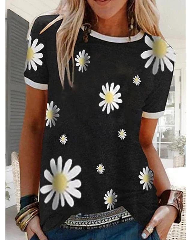Women's T-shirt Floral Graphic Prints Flower Round Neck Tops Basic Top Black Blue Red - VSMEE
