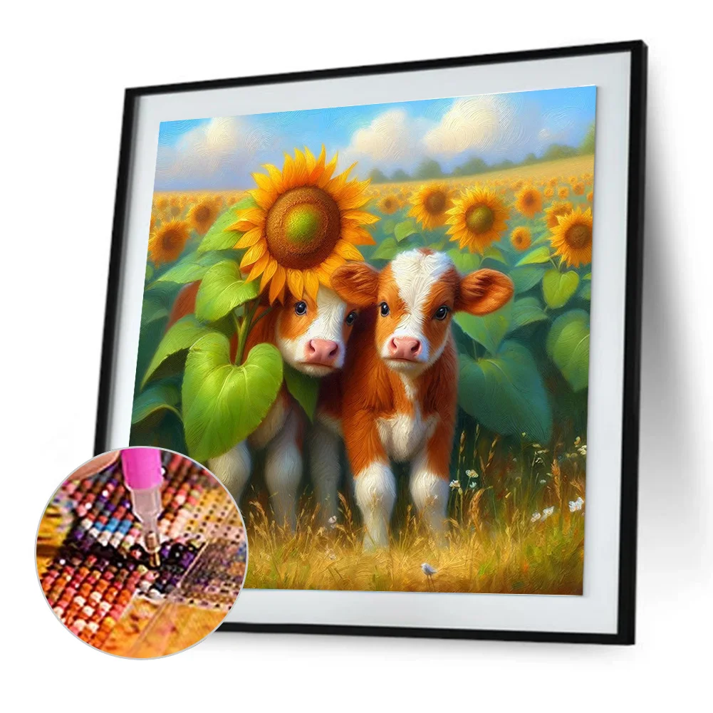 Diamond Painting - Full Round Drill - Sunflower Field Two Cows(Canvas|30*30cm)