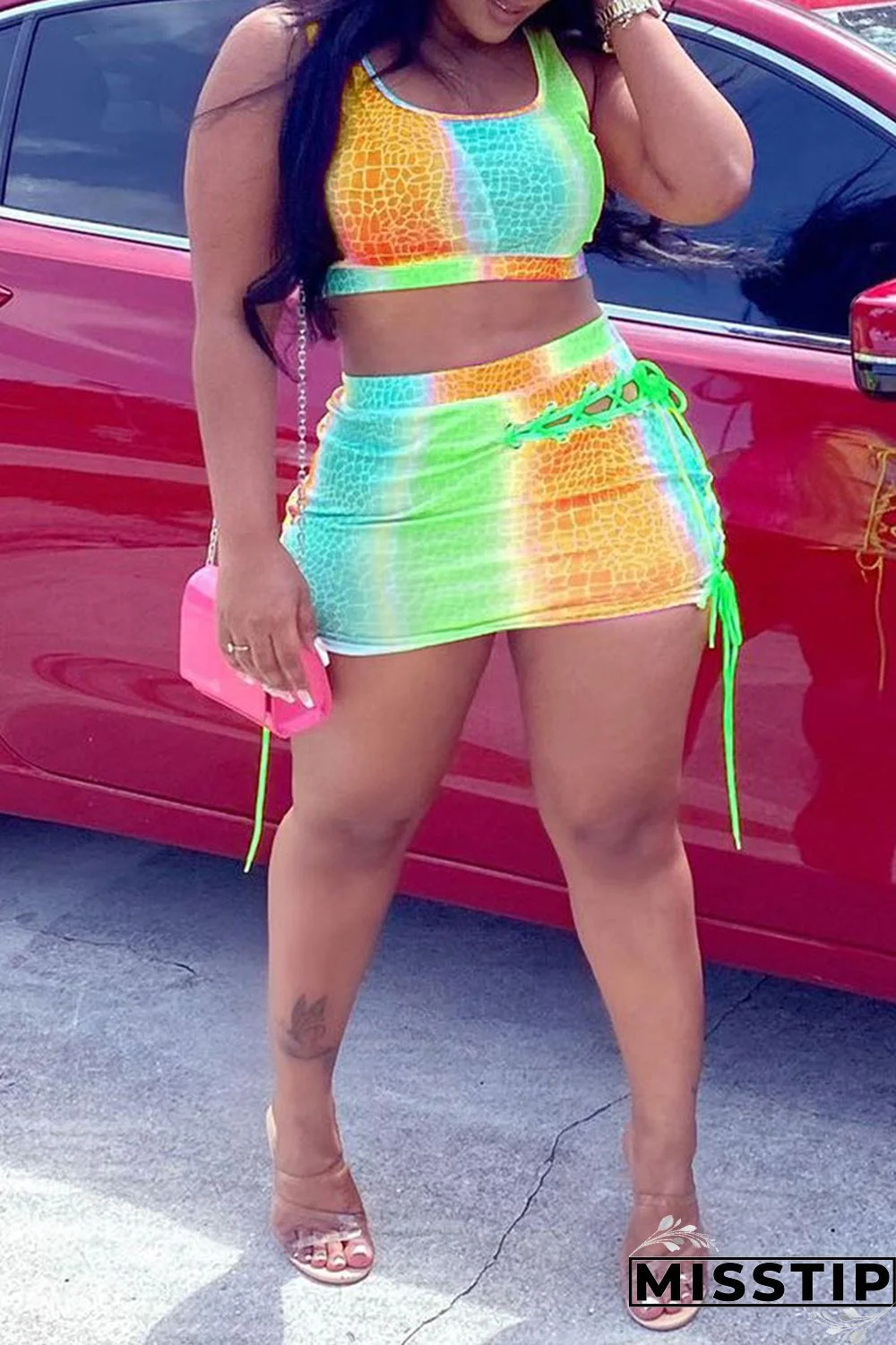 Light Blue Fashion Sexy Print Bandage U Neck Sleeveless Two Pieces