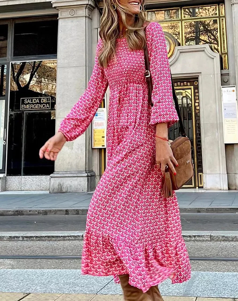 Pink Sweet Print High Waist Pullover Dress