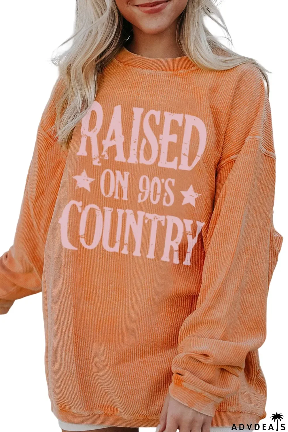 Orange Letter Print Ribbed Long Sleeve Oversized Sweatshirt