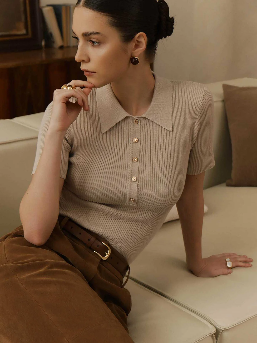 Uveng Uveng Collar Top Sleeve Summer 2025 New Tight Slime Thread Thread Top Lady