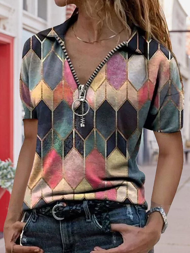 Geometric Plaid Printed Top Blouse With Zipper For Women