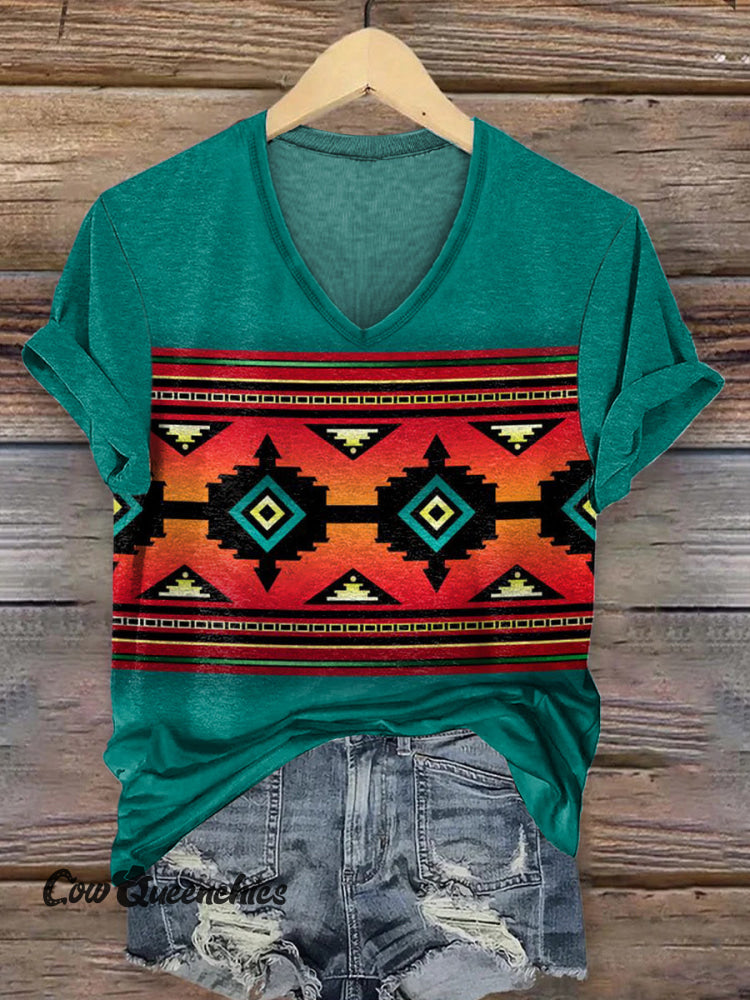 Women&rsquo;s Vintage Geometry Art Print V-neck Casual T-Shirt Multicolor / S