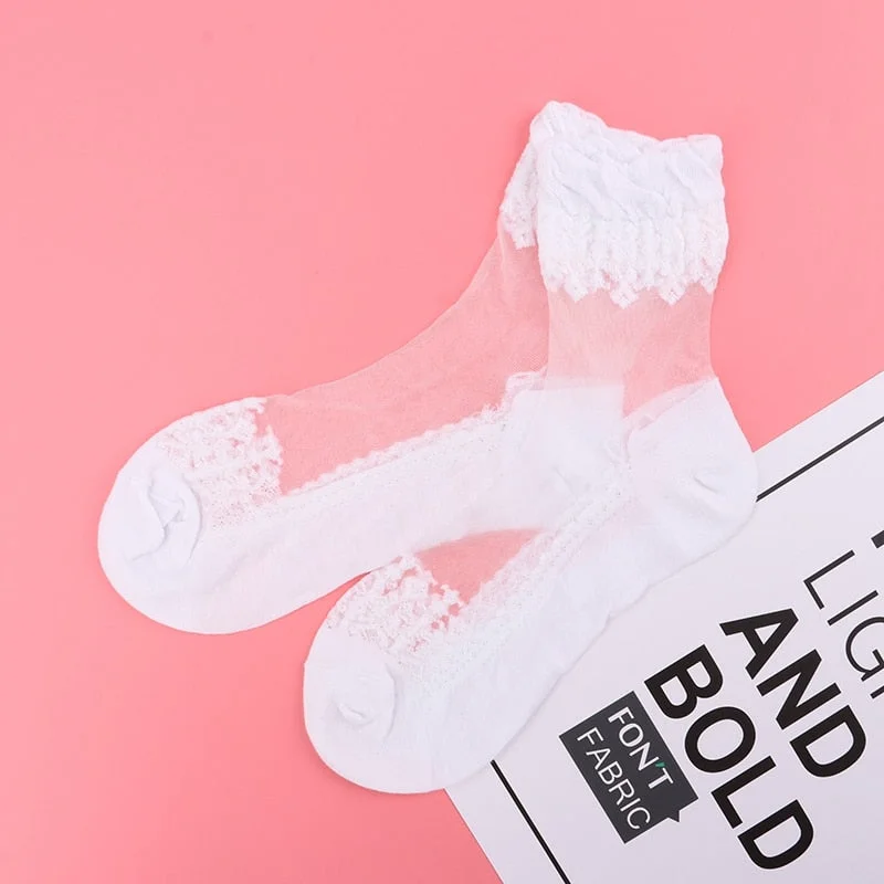 2020 Elastic Socks Crystal Glass Silk Ultrathin Lace Literary Sale 5 Pairs Summer Transparent Short Socks