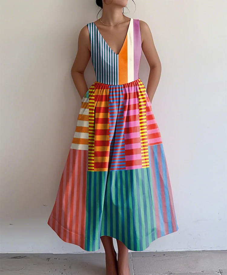 Retro Elegant Abstract Print V Neck Sleeveless Dress
