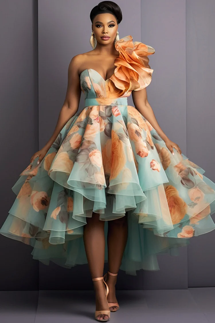 Xpluswear Design Plus Size Formal Multicolor Elegant Floral One Shoulder Ruffle High Low Hem Tulle Maxi Dresses [Pre-Order]