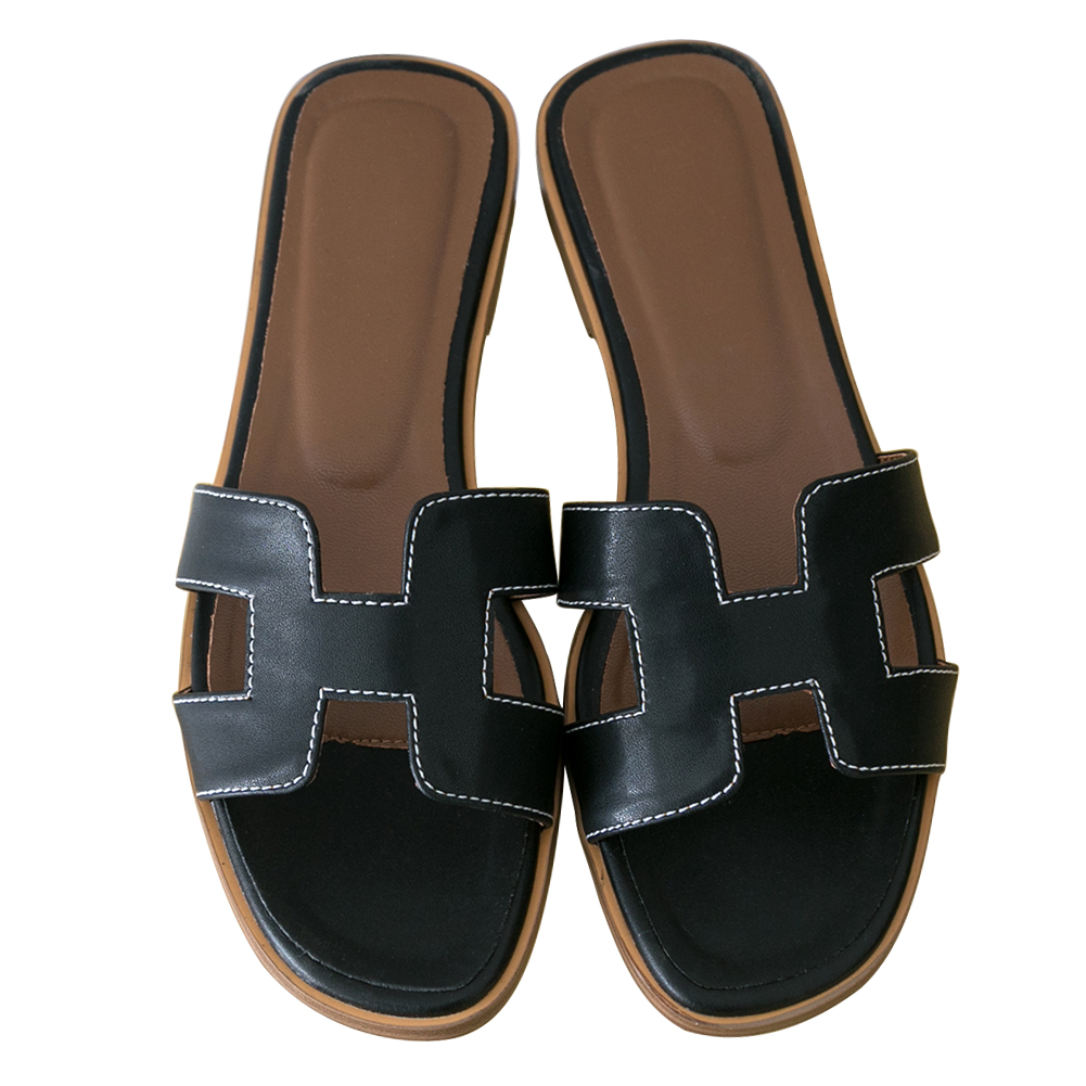 H-shape Leather Slipper Black Matte-vocosishoes