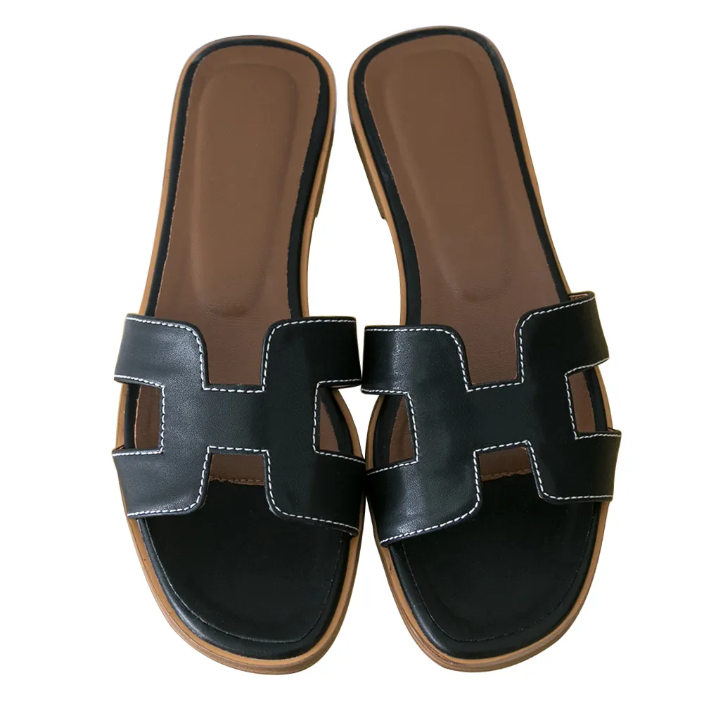 H-shape Leather Slipper Black Matte-vocosishoes