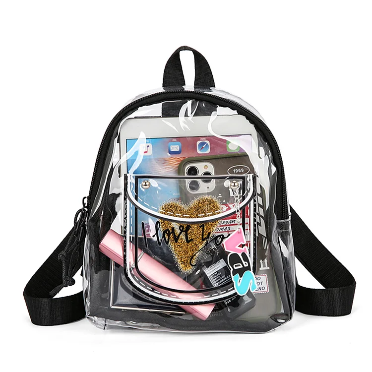 Transparent Backpack Letter Love PVC Fashion Shoulder Schoolbag (Black)