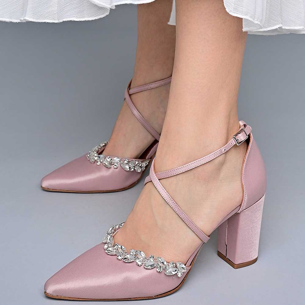 Pink Satin Pointed Toe Block Heel Rhinestone Embellished Pumps Nicepairs