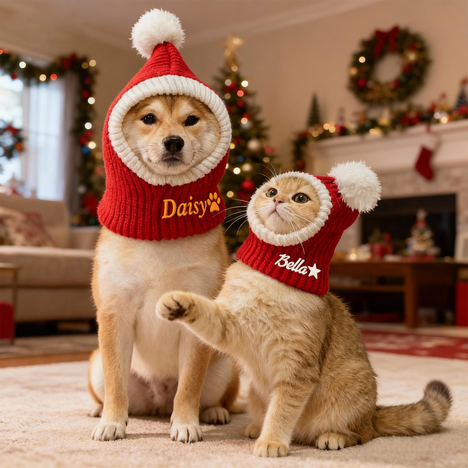 Personalized Christmas Dog Knitted Hat With Embroidered Name Custom Winter Hat Ear Muffs for Cold Christmas Dog Crocheted Snood Headwear Neck Ear Warmer Headband Protector Funny Pet Cap