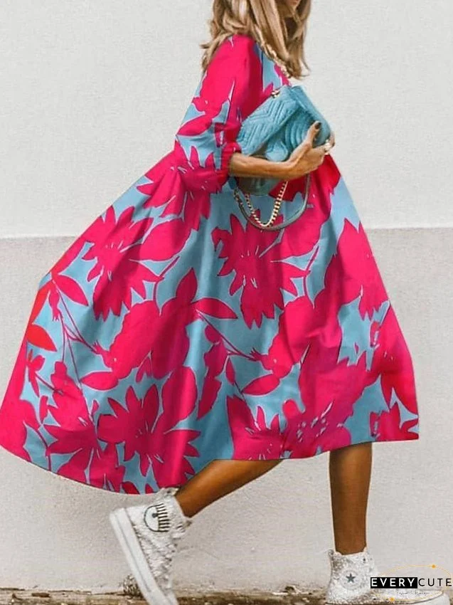 Shift Dress Swing Dress Midi Dress Black Fuchsia Green 3/4 Length Sleeve Floral Print Summer Spring Crew Neck Vacation S M L XL XXL 3XL 4XL 5XL for Women