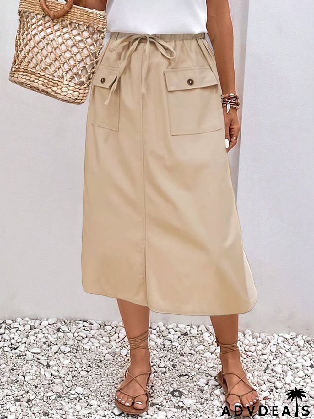 Women's Solid Color Pocket Elastic Waist Tie Loose Casual Skirt