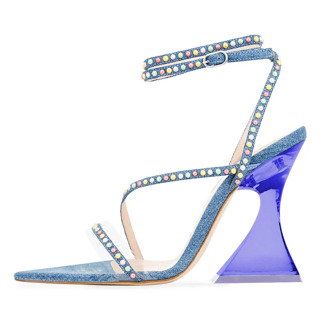 Blue Denim Patchwork Studded Ankle Strap Women's Heel Sandals